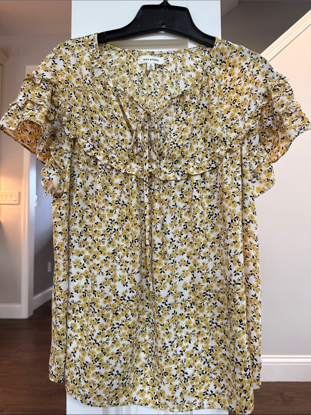 Max Studio White Yellow Black Floral Tie-Front Ruffled Sleeves Peasant Blouse M
